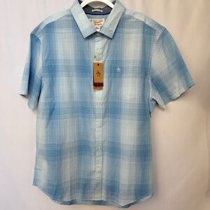 NWT Original Penguin Light Blue Plaid Short Sleeve Shirt Slim Fit XXL